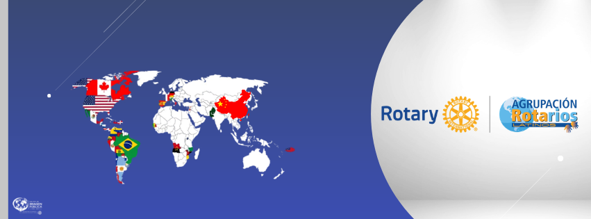 Mapa del mundo y emblemas de Rotary y Rotarios Latinos